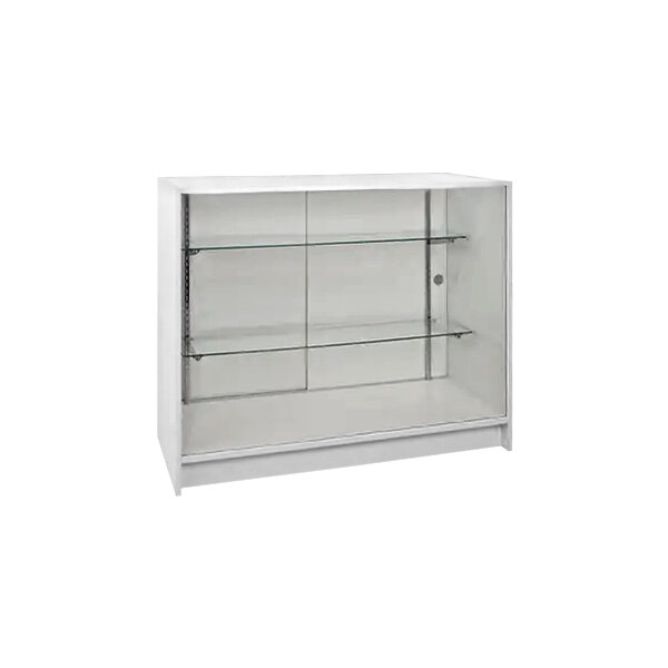 A white Econoco showcase with glass shelves.