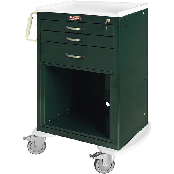 A green Harloff medical cart with drawers and a key lock.