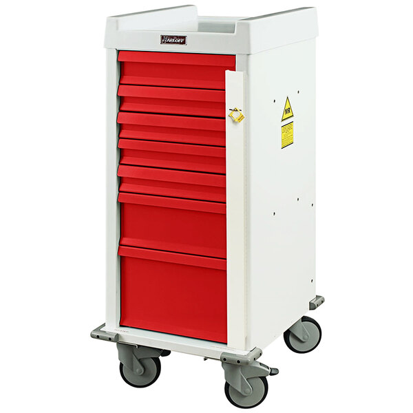 A red and white Harloff MRI-compatible medical trolley with 7 drawers and breakaway lock.