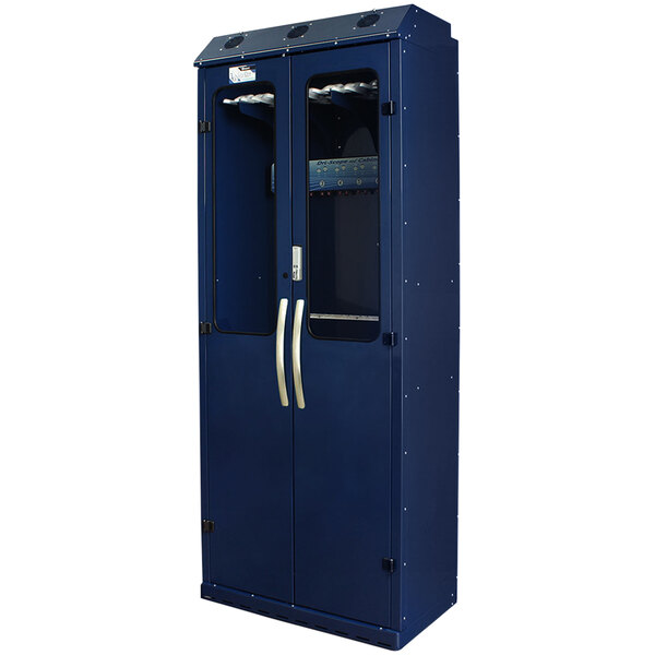 A blue metal Harloff drying cabinet with two doors.