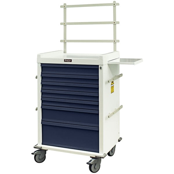 A blue and white medical cart with wheels.