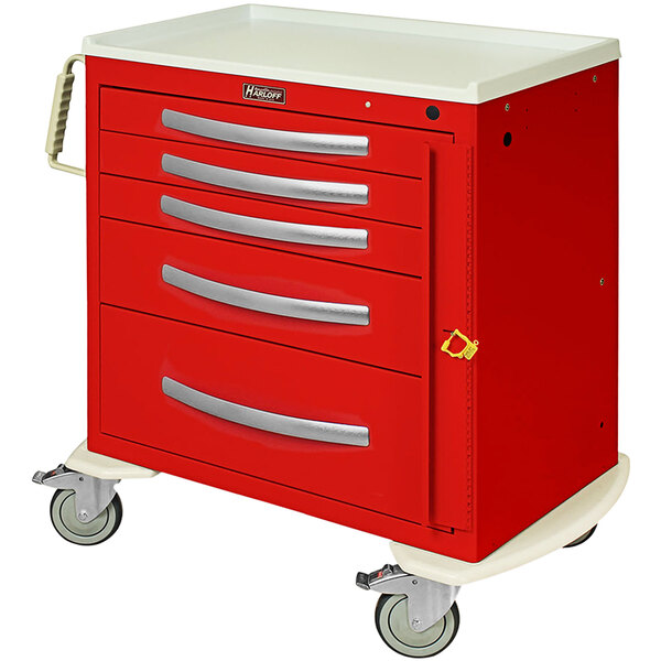A red Harloff medical cart with five drawers on wheels.