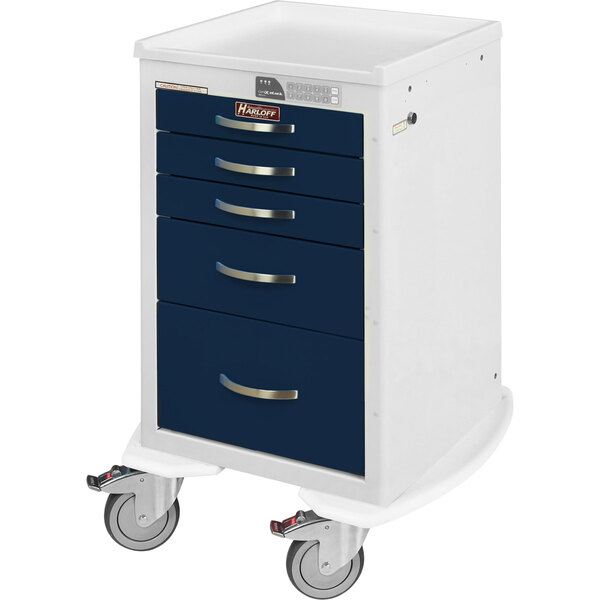 A white and blue Harloff steel anesthesia cart with electronic keypad lock and wheels.