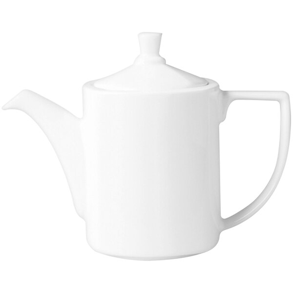 A close-up of a RAK Porcelain Ska Ivory coffee pot lid on a white teapot.