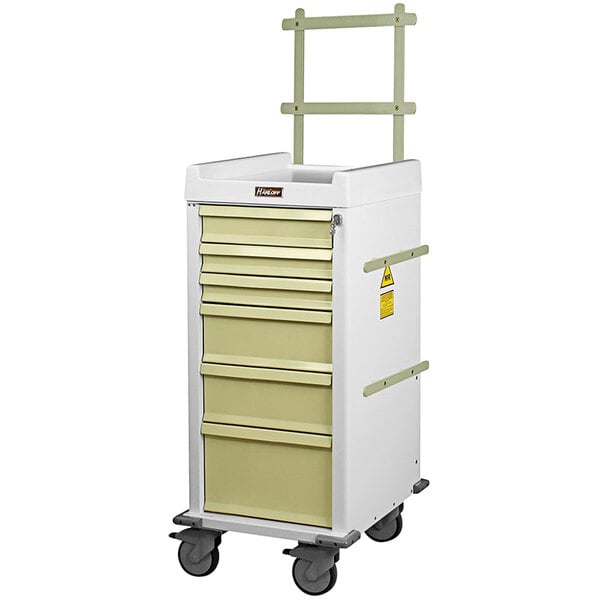 A white Harloff MRI-compatible medical cart with 6 drawers and key lock.