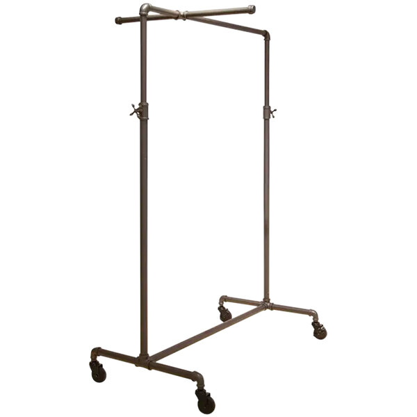 An anthracite grey metal clothing rack with wheels.