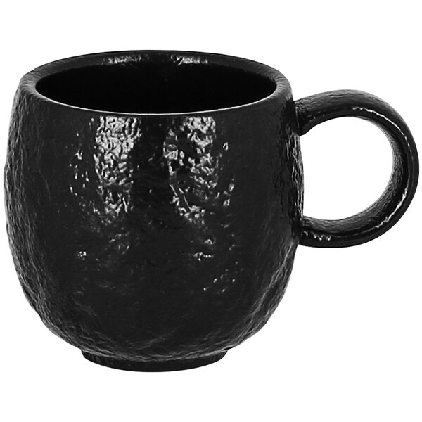 A black RAK Porcelain espresso cup with a handle.