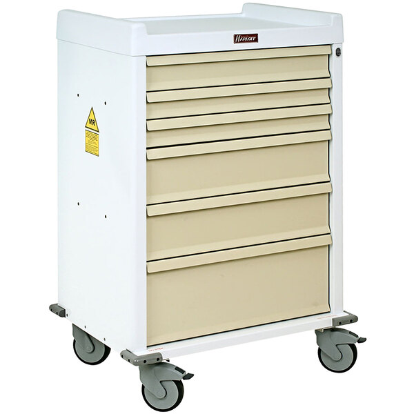 A white metal medical cart with six drawers and key lock.