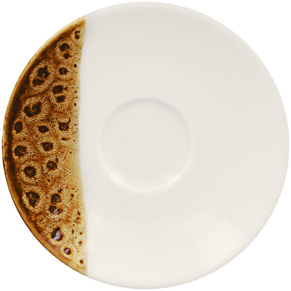 A RAK Porcelain white saucer with a brown rim.