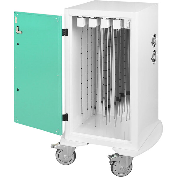 A white Harloff Savary Dilator Drying Cart with a door open.
