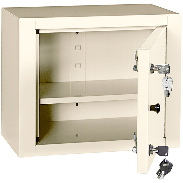 A white metal Harloff narcotics cabinet with 2 key locks.