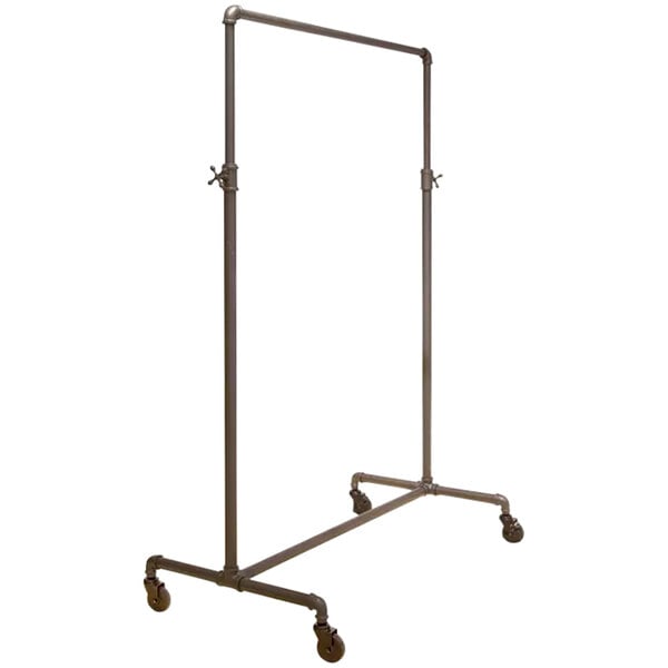 An anthracite grey metal clothing rack with wheels and a pipe on it.