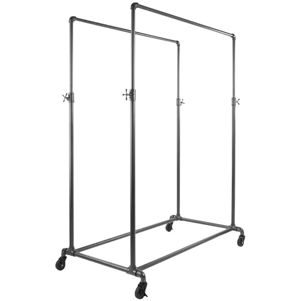 An Econoco anthracite grey metal ballet garment rack with double hangrails on wheels.