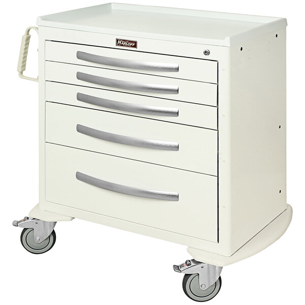 A white aluminum Harloff nursing cart with 5 drawers and a handle.