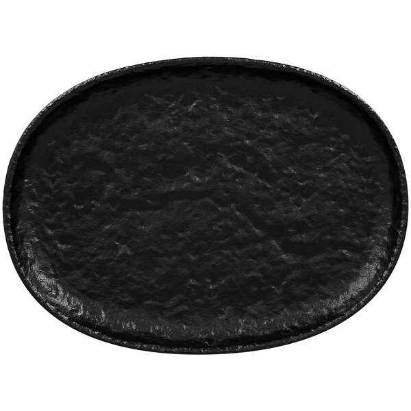 A black oval porcelain platter with a white background.