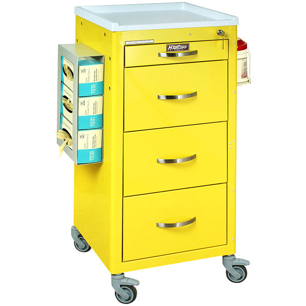 A yellow Harloff medical cart with four drawers.