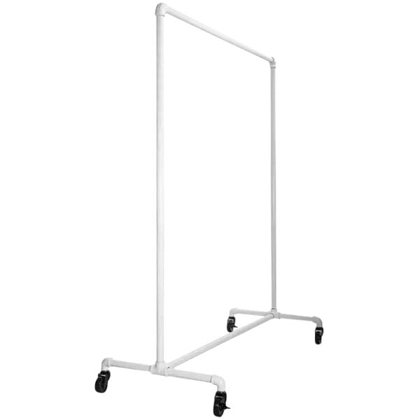 An Econoco white pipe garment rack with black wheels.