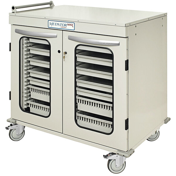 A white metal Harloff medical storage cabinet with wheels.
