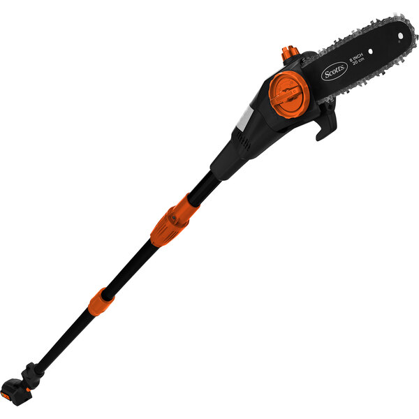 A black and orange Scotts cordless pole saw with a white background.