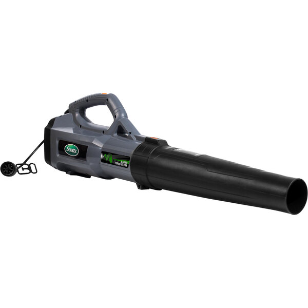 A black and green Scotts corded electric leaf blower with a cord.