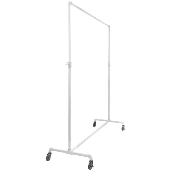 An Econoco white metal clothing rack with wheels.