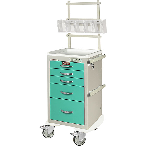 A Harloff medical cart with five drawers and a tray.