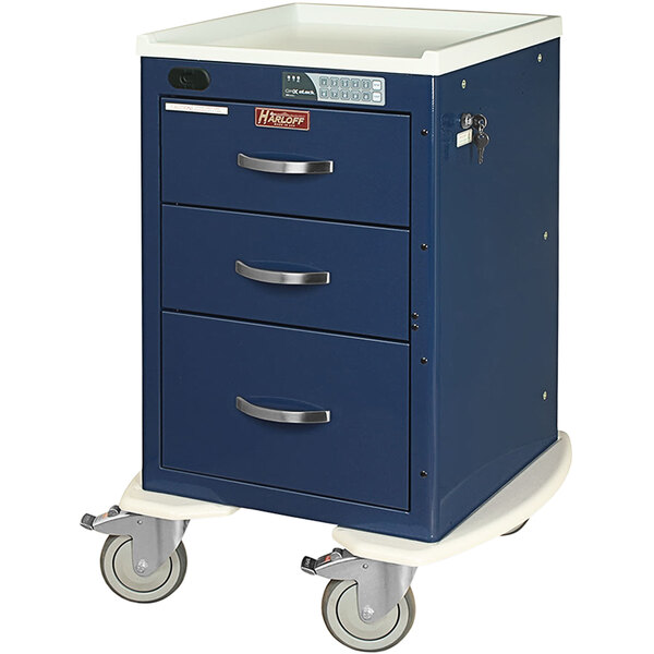 A blue Harloff medical cart with three drawers and an electronic keypad lock.