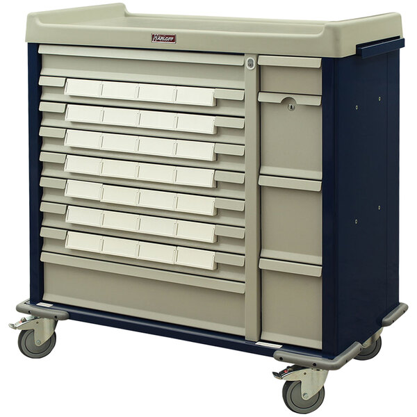A Harloff medication bin cart with drawers on wheels.