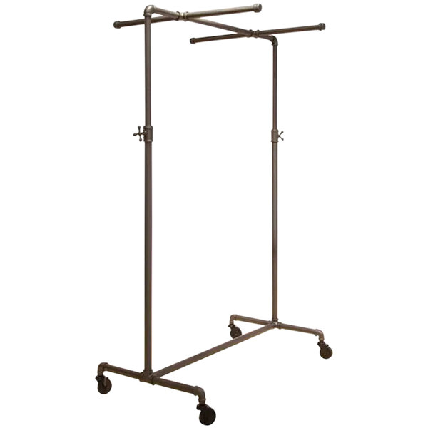 An Econoco metal clothing rack stand with wheels and double crossbars.