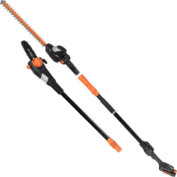 A Scotts 2-in-1 cordless pole saw and hedge trimmer with battery and charger.