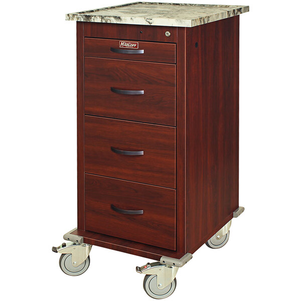 A Harloff medication cart with a faux wood finish and three drawers.