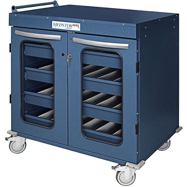 A blue metal Harloff cabinet with drawers on wheels.