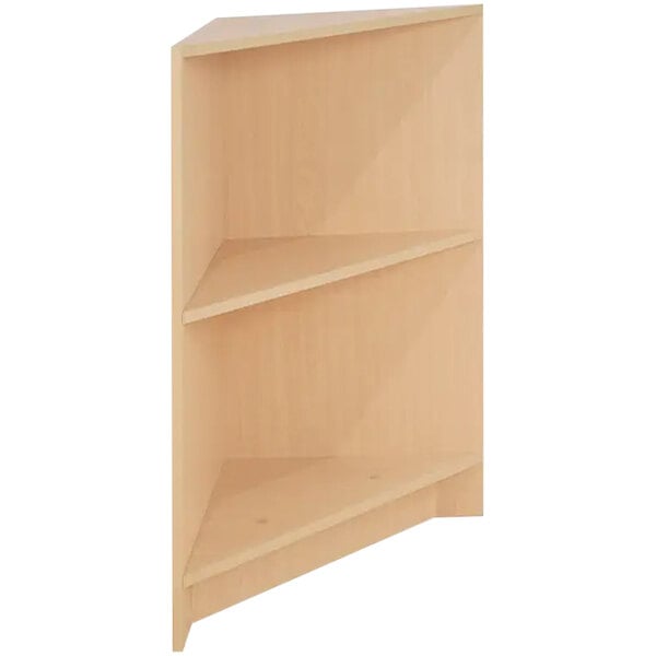 A wooden Econoco corner shelf with two shelves.