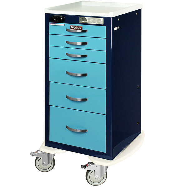 A blue and silver Harloff anesthesia cart with drawers and wheels.