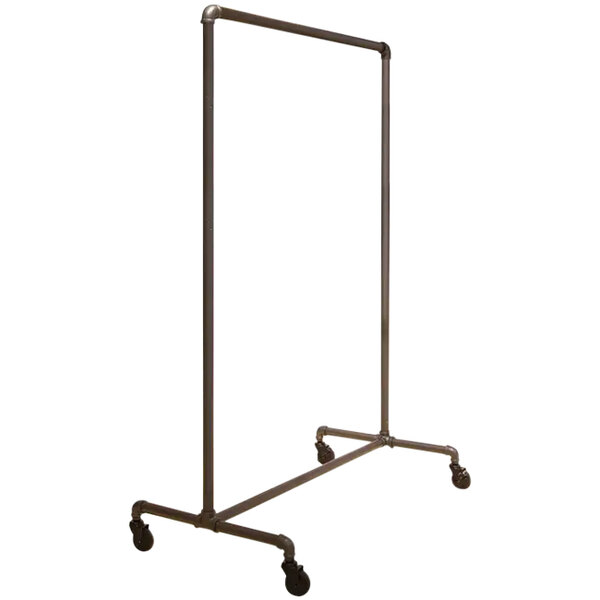 An anthracite grey metal clothing rack with wheels.