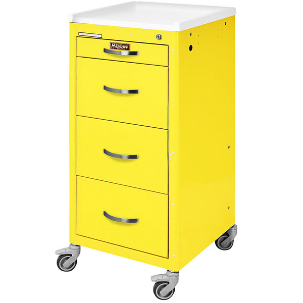 A yellow Harloff medical isolation cart with three drawers on wheels.