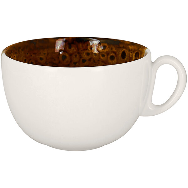 A white porcelain breakfast cup with a brown rim.