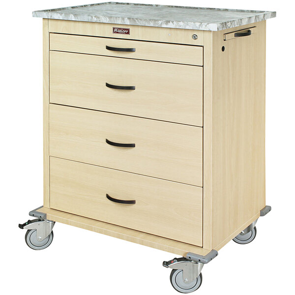 A Harloff wooden medication cart with a faux wood finish and key lock.