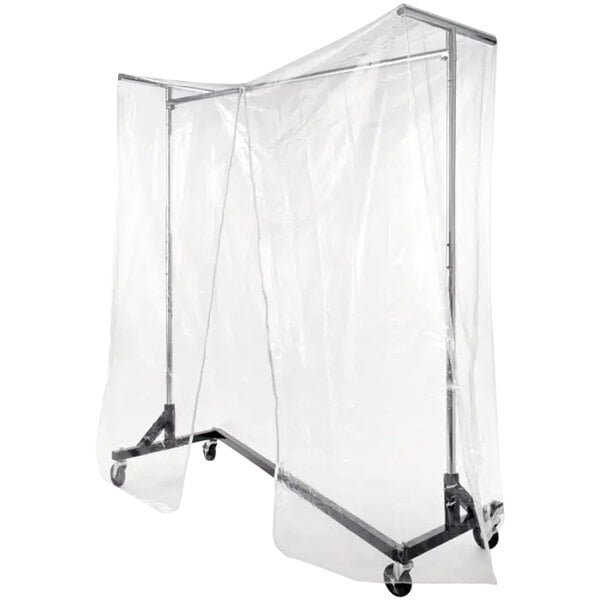 A clear plastic cover on a metal Econoco clothing rack.