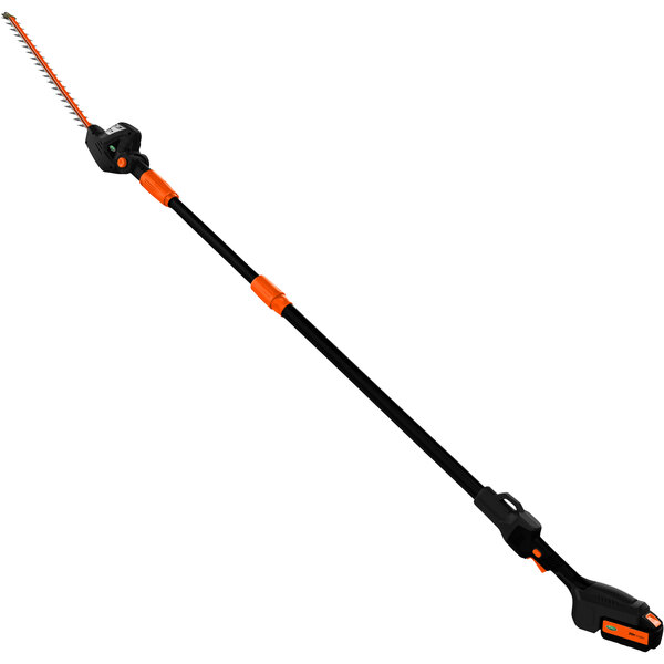A Scotts cordless pole saw attached to a long black and orange pole.