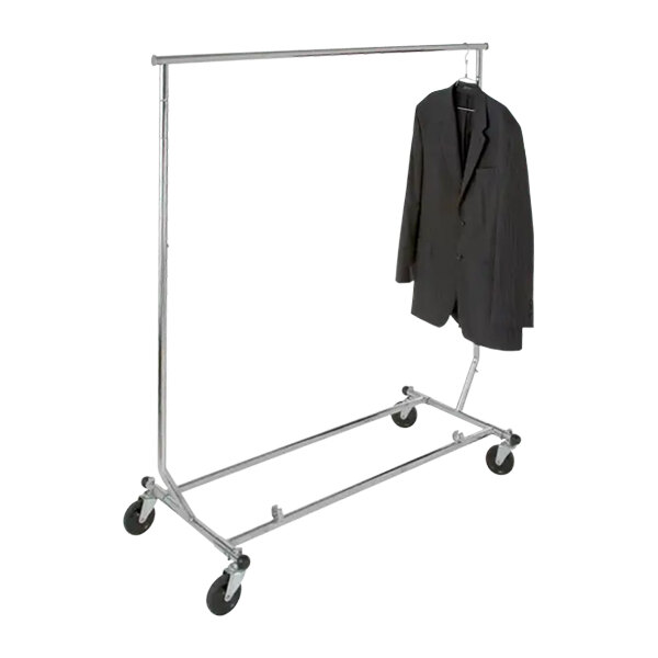 A black coat hanging on an Econoco collapsible garment rack.