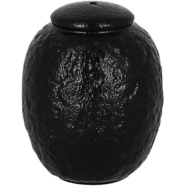 A black RAK Porcelain pepper shaker with a lid.