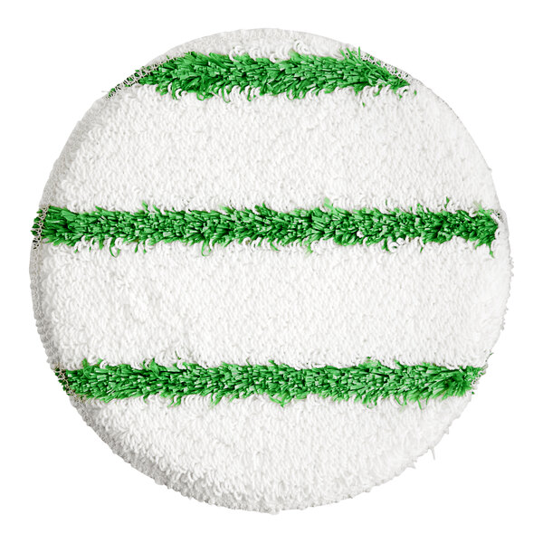 A round white carpet bonnet with green stripes.