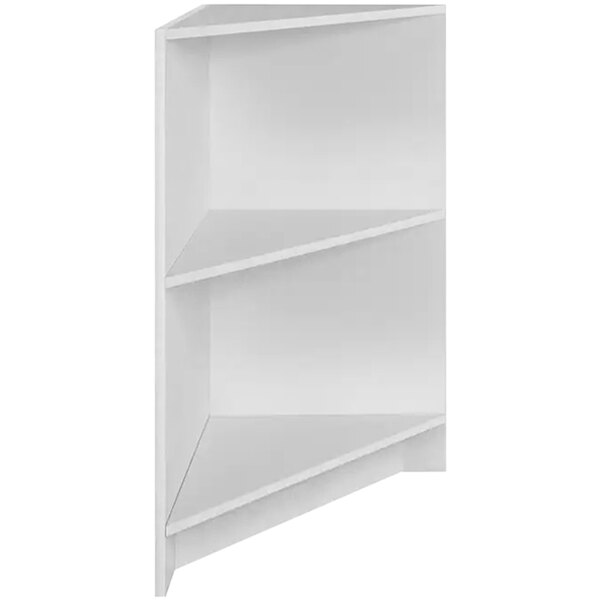A white corner shelf with two shelves in a corner.
