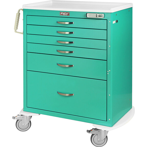 A green Harloff medical procedure cart with six drawers.