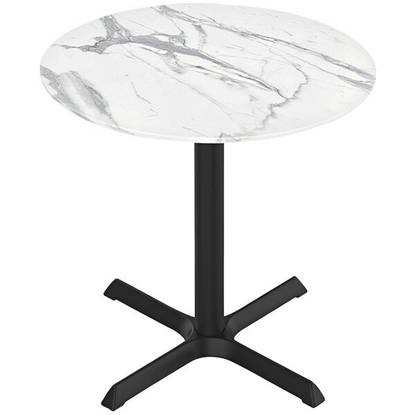 A Holland Bar Stool EuroSlim white marble table with a black base.
