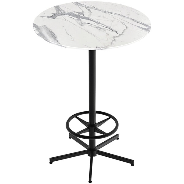 A round white marble Holland Bar Table with a black base.