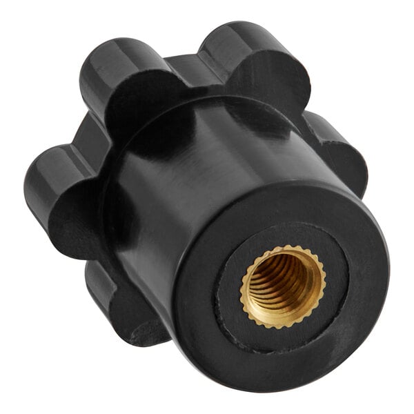 A black plastic Avantco knob with a gold threaded nut.