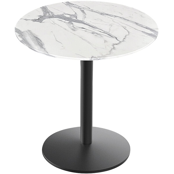 A white marble Holland Bar Stool EuroSlim table top with round base.