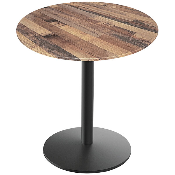A Holland Bar Stool round wooden table with a black round base.
